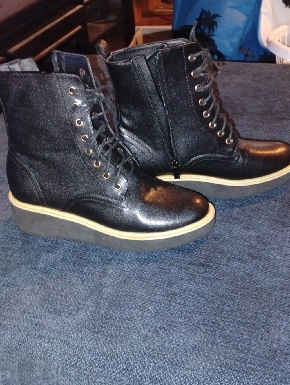Olivia Miller Black Lace-Up Platform Wedge Ankle Boots with Contrast Sole